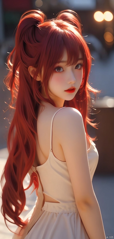  1 girl,red hair, very long hair, upper body,Twin Tailed,looking at viewer,lighting, blurred background,Backlight,