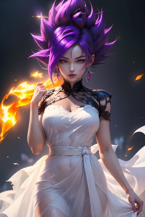  (best quality, masterpiece),solo, 1girl, Purple eyes, super saiyan, Purple hair, son goku, aura, clenched hands, (Transparent white gauze dress),Half body,