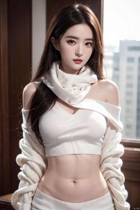  High quality, masterpiece, Portrait,cinematic texture,1girl,sexy_sweater, Scarf,Off shoulder, navel, liuyifei, sexy_sweater