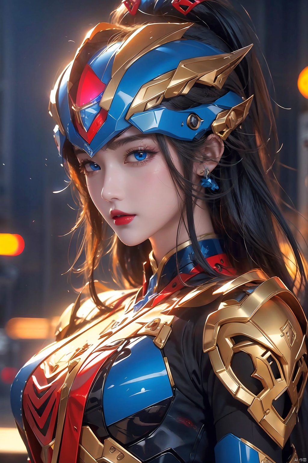 4k, office art, 1girl with colorful mecha and armor, decorated with complex patterns and exquisite lines, k-pop, blue eyes, dark red lips