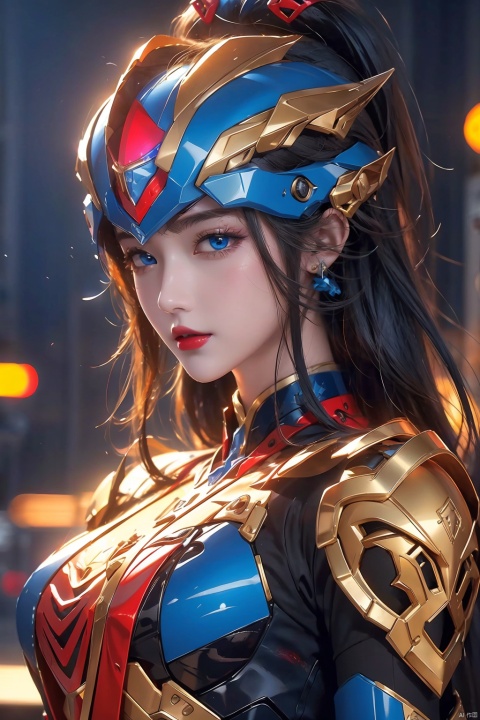 4k, office art, 1girl with colorful mecha and armor, decorated with complex patterns and exquisite lines, k-pop, blue eyes, dark red lips