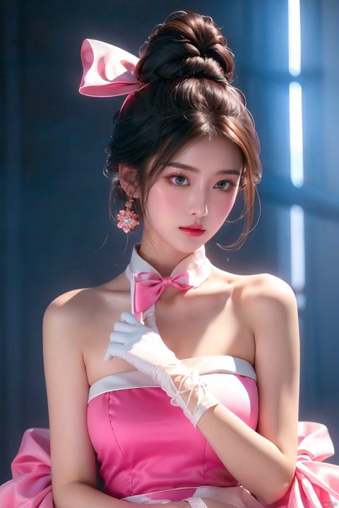  1 girl,solo,gloves,pink dress,elbow gloves,hair bun,bow,black hair,brown eyes,hair knot,realistic,looking at the audience,bare shoulders,strapless dress,white gloves,ribbon,choke,TANGMU, ((poakl))