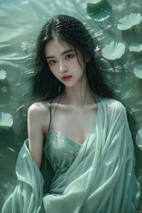  A girl, lying in the water, in a green pool, covered with lotus leaves, dressed in gauze-like Hanfu,hedress,Smile, wet clothes, dofas
