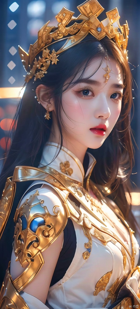  4k, office art,1girl with white armor,decorated with complex patterns and exquisite lines, k-pop, blue eyes, dark red lips, 1girl, (\xing he\)