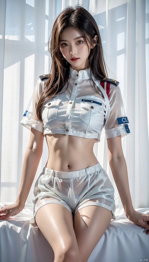  High quality, masterpiece, 1Girl, (translucent white police uniform: 1.4), navel exposed, (translucent shorts: 1.3), thigh exposed, (supermodel pose), Sitting on the bed,