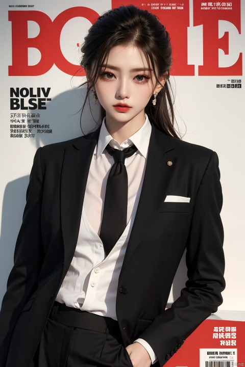 magazine, (cover-style:1.1), fashionable, vibrant, outfit, posing, front, colorful, solo, looking at viewer, shirt,((1girl)),white shirt,necktie, collared shirt, pants, black pants, formal, suit, black necktie, watch, black suit,Visual impact,A shot with tension,(upper body:1.0),cold attitude, Ear stud,tattoo,