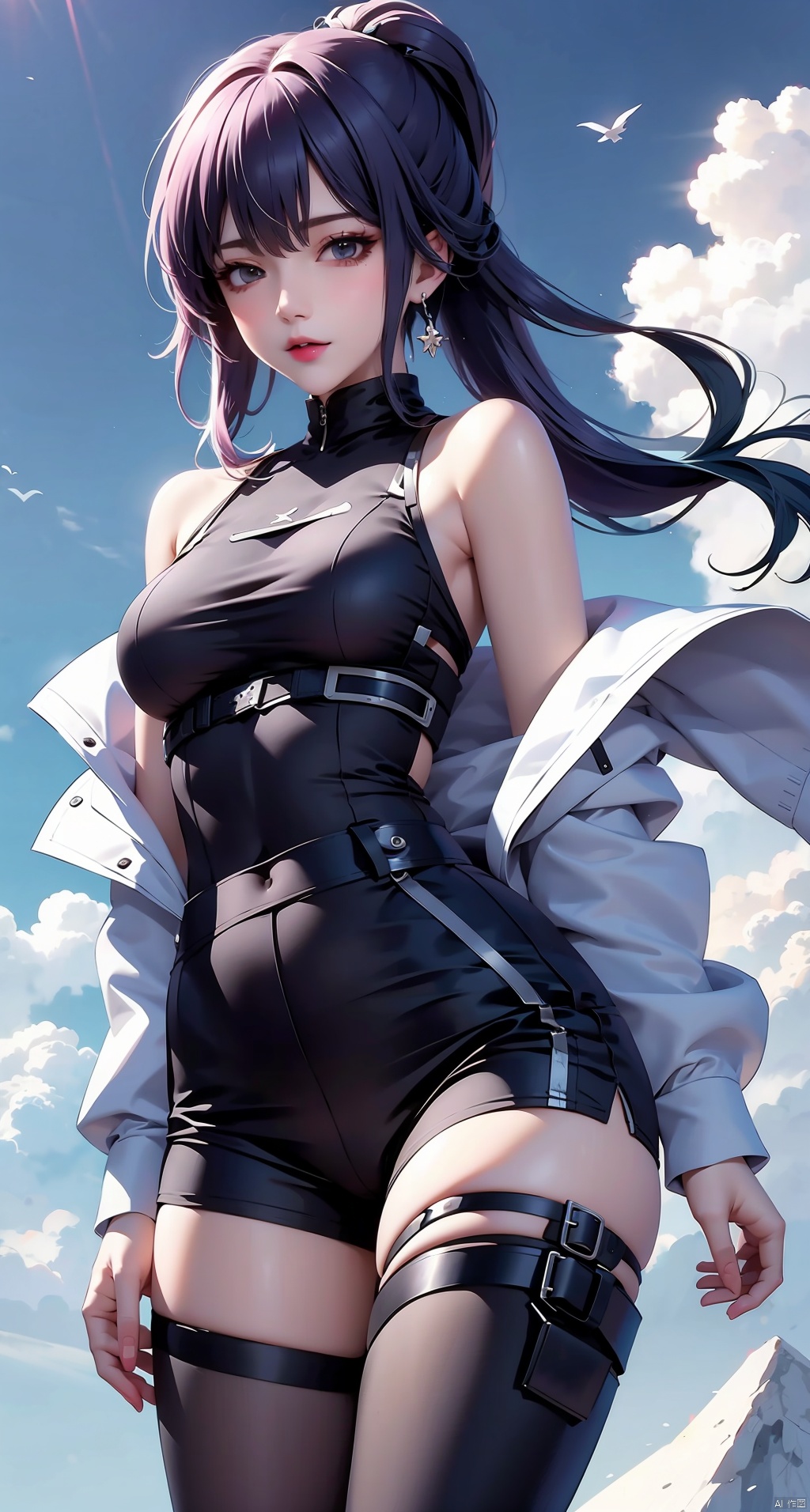  1 girl,In the sky,Tight pants,Parachute,jacket sky,thigh holster,thigh strap,