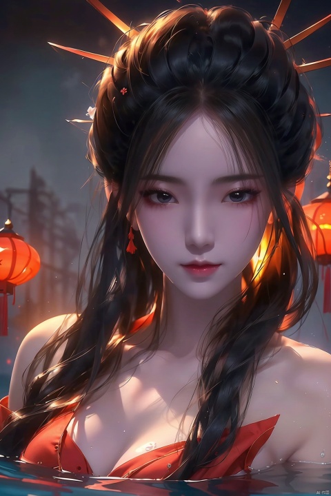  High quality, masterpiece, cinematic texture, Chinese elements, 1 girl bathing in the pool, (wrapped in a gauze: 1.2), (with a large amount of water vapor on the surface), (hot spring), lantern, night,Song style Hanfu,smog,8K Ultra HD, clear and bright image quality, highly refined, extremely fine, chang, yanlingji