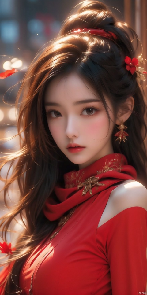 1girl, red dress, (scarf), wind, petal