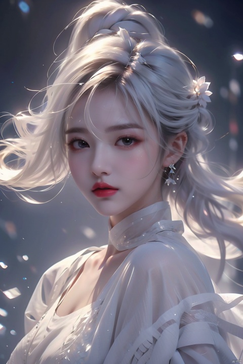 A girl with long white hair floating over her face, white one-inch shirt, lipstick, exquisite facial details, increased details, enhanced clarity, optical fiber transparent material style, abstract design, ethereal phantom, lifelike,(\xing he\)