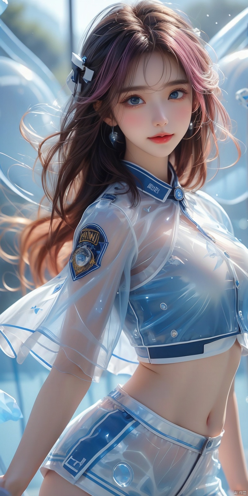  cowboy_shot, (Good structure), DSLR Quality,Depth of field ,looking_at_viewer,Dynamic pose, , kind smile,,
, ,High quality, masterpiece, 1Girl, Earstuds, blue eyes,Earstuds, blue eyes, black hair, (translucent white police uniform: 1.5), navel exposed, (translucent shorts: 1.3), thigh exposed, (supermodel pose),smile,(solo),（Different postures）,Pink hair,(Perfect hand lines),, 1 girl, , , linyuner,kind snile,looking_at_viewer,perfect body, solo