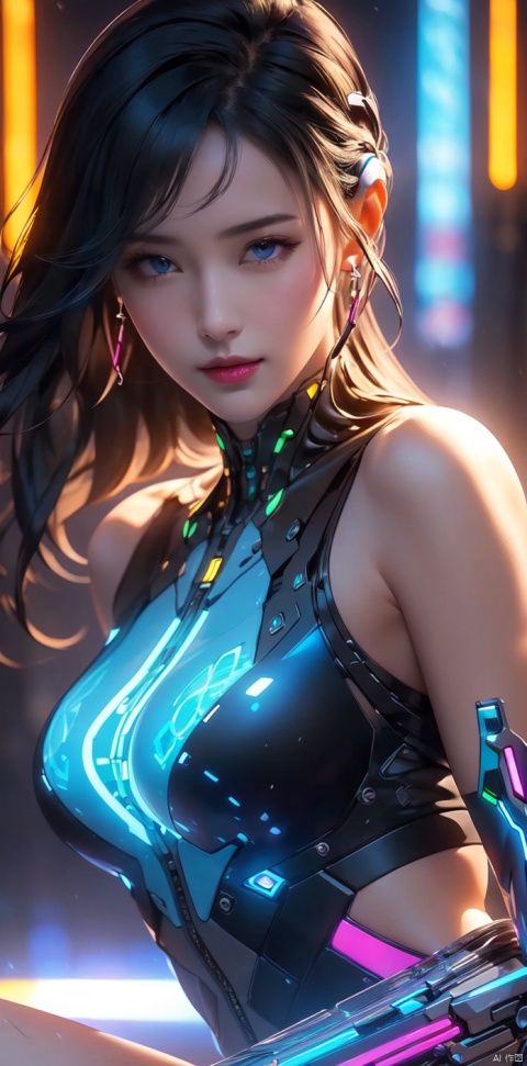  best quality,masterpiece, intricate details, lineart, monochrome, 1girl, extremely detailed cg unity 8k wallpaper, cinematic detailed realistic background, masterpiece, best quality, delicate, masterpiece, beautiful detailed, colourful, finely detailed, intricate details, (neon lights, low angle shot),1girl,solo, nico robin, nico robin (one piece), smile, long hair,Straight hair,earrings,Russians,blue eyes, Sunglasses are placed on the forehead, black hair, jewelry, looking at viewer, breasts, bare arms, blush, orange eyes, bare shoulders,big breasts,looking at viewer, nico robin in a futuristic form-fitting outfit featuring holographic patterns and metallic accents, standing on the edge of a rain-soaked, neon-lit alleyway (three-quarter body shot: 1.2), dyed in electric blue with glowing cybernetic enhancements, piercing gaze under heavy mascara, (focus on her augmented eyes and mechanical arm), Below the knee are mechanical long boots with jet spouts,Wearing a one-sided headset,tattoos of circuit boards crawling up her neck, translucent OLED screen embedded in her hand displaying scrolling data (digital overlay: 1.5), gritty urban backdrop with flying cars and towering skyscrapers, dynamic composition, high contrast, deep depth of field, 8K quality, dark but vivid cyberpunk aesthetic., curvey figure,full body,sexy,slut