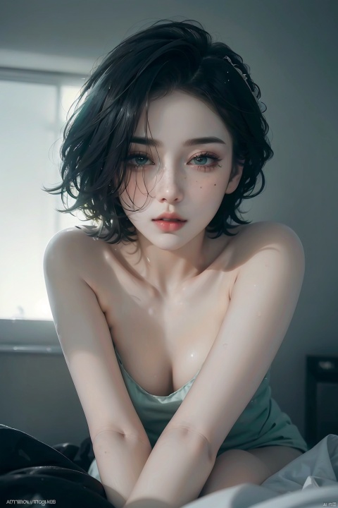  beautiful woman with short redhair,pale skin,big eyes,green sweatpants,white socks,lying in her bed,headphones,eyes closed,freckles,cyberpunk style,(( poorly lit apartment )),window with view on nightcity,outside rainly,neon,(ultra HD quality details),realistic,photorealism, (facing camera:1.1),ray tracing,shadows,ultra sharp,metal,((cold colors)),Epic CG masterpiece,(3D rendering),facing camera,ultra high resolution,(masterpiece),(best quality),(super detailed),(extremely delicate and beautiful),cinematic light,detailed environment,(real),(ultra realistic details:1.5),glass-like sparkling eyes are blurry and dreamy,(muscle tone and definition),(finely detailed features),stunning colors,cinematic lighting effects,super wide Angle,light particles,light particle art,glowing,dynamic poses,surreal,futurism,concept art,exquisite facial features,super delicate face,designed by greg manchess,smoke,a model woman,bright eyes,glossy lips,trending on art station,photoreal,