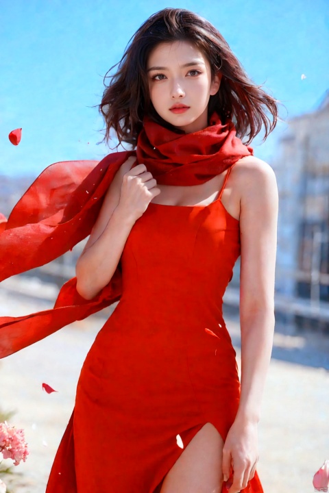  1girl, red dress, (scarf), wind, petal, CatherineZetaJones