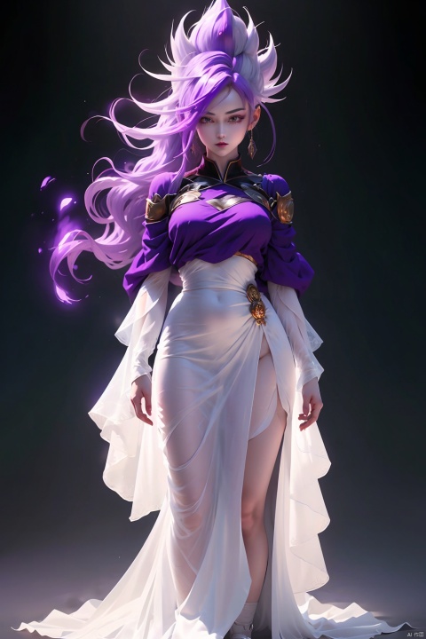  (best quality, masterpiece),solo, 1girl, Purple eyes, super saiyan, Purple hair, son goku, aura, clenched hands, (Transparent white gauze dress: 1.2),Half body,