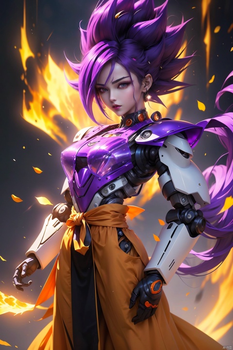  (best quality, masterpiece),solo, 1girl, Purple eyes, super saiyan, Purple hair, son goku, aura, clenched hands, ((metal and transparent shell | splicing robot)),Half body,