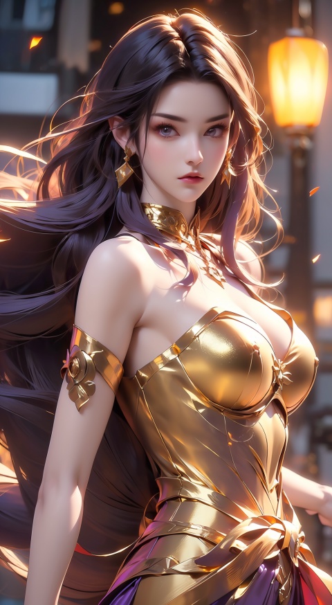  1girl,((f long hair blown by the wind: 1.5), earrings, wind blown, cleavage, The distant lantern,(purple armor), purple tone, cinematic, blurry background,(z (half body), looking at viewer, gold armor, 21yo girl, mds-hd