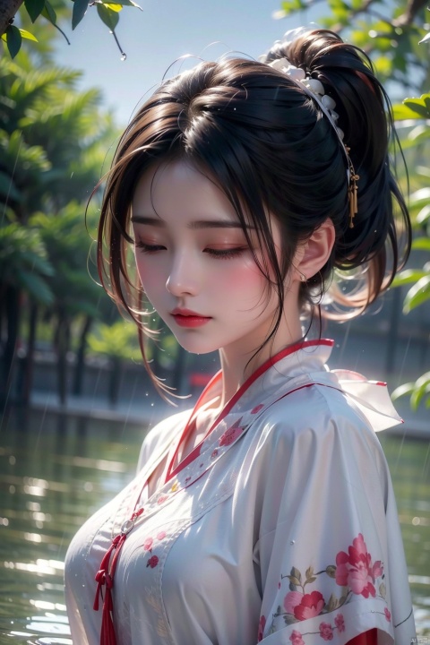 (8k, RAW photo, best quality, masterpiece:1.2),masterpiece,best quality,realistic,photorealistic,extremely detailed,Homestay,ethnic style,1girl,solo,nature,black hair,water,wading,short hair,dress,closed eyes,rain,realistic,wet,
