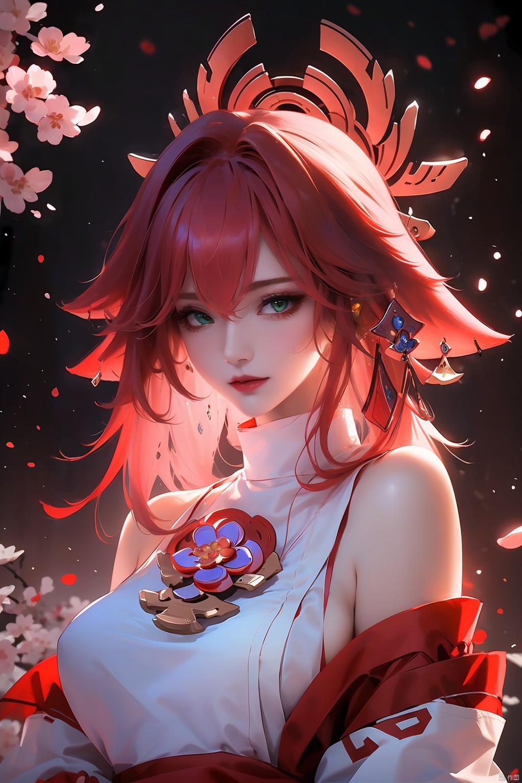 (Masterpiece, Excellent, 1girl, solo, complex details, color difference), realism, ((medium breath)), off-the-shoulders, big breasts, sexy, Yae Miko, long pink hair, red headdress, red highlight, hair above one eye, green eyes, earrings, sharp eyes, perfectly symmetrical figure, choker, neon shirt, open jacket, turtleneck sweater, against the wall, brick wall, graffiti, dim lighting, alley, looking at the audience, ((mean, seductive, charming)), ((cherry blossom background ))),((Japanese temple background)))), (((Glow-in-the-dark background))), yae miko