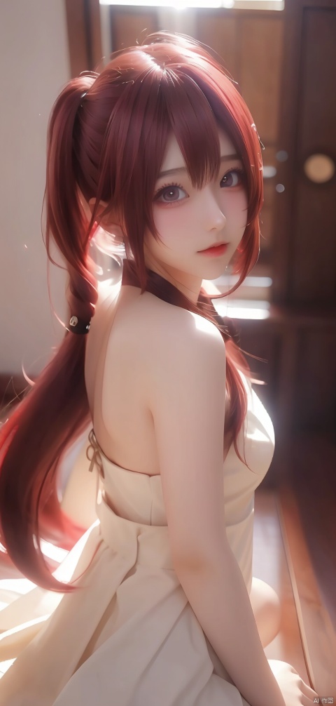  1 girl,red hair, very long hair, upper body,Twin Tailed,looking at viewer,lighting, blurred background,Backlight,