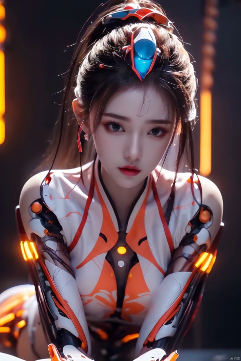  HDR, UHD, 8K, Highly detailed, best quality, masterpiece, 1girl, realistic, Highly detailed, (EOS R8, 50mm, F1.2, 8K, RAW photo:1.2), ultra realistic 8k cg,,huolinger,((cyborg)),(( forehead mark)),thighs,neon lamp,fire,Tempting posture, jiujiu