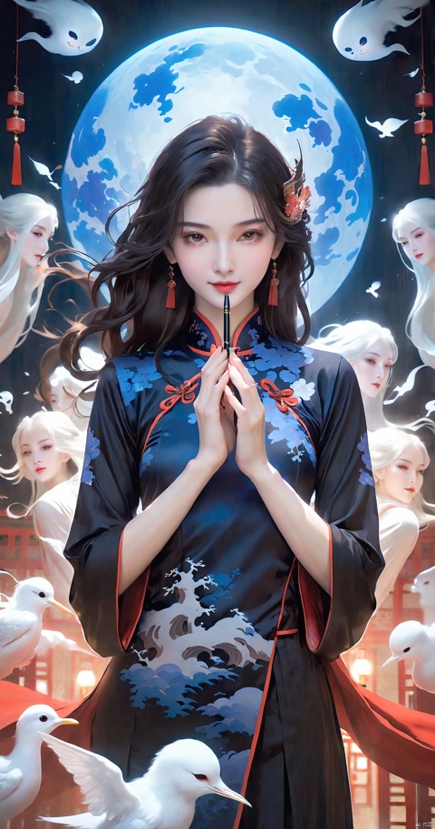  illustration,Wallpaper, ukiyo-e, royal sister and Chinese ghosts, rich colors, dark painting style, 1 royal sister, red glowing eyes, long black hair, wearing a black Chinese cheongsam, white plush shawl, evil smile, holding an ink pen, in Drawing on the desk, surrounded by countless floating ghosts of pain and blue souls, the souls and ghosts wrap around the girl, shocking picture, visual impact --q 2 --s 750 --niji 6 --ar 16:9 --, dofas, MATURE FEMALE, cosmetic contact lenses_Sharingan, zhonghuaniang