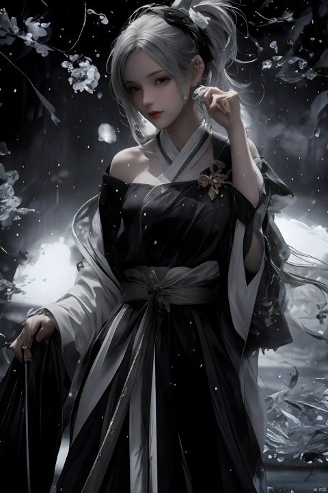  Cool theme, masterpiece, Cowboy lens,A girl, solo, Off Shoulder,bare faced, exquisite features, cool and stunning, female focus, perfect figure, white long hair, (black Hanfu kimono), (holding sword in hand), splashing, 1.3 in the rain, fine luster, black background, splashing water