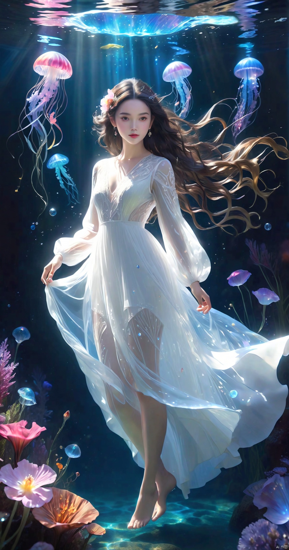  1girl, long hair, solo, black hair, dress, jewelry, black background, hair ornament, full body, white dress, ((floating hair)), ((underwater)), long sleeves, bracelet Highly detailed and vibrant concept art for a movie, Flower, Realistic jellyfish, Crystal, Gemstone Crystal, Glitter, Gemstone, particles light, ((looking at viewer)),,,,