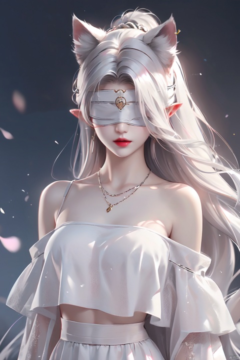  A girl,Close ups,long white hair, flowing long hair, white skirt,Thin waist, blindfold, exquisite makeup, rosy lip, off-the-shoulder, necklace,lights, ear chain, pointed ears, cat ears,gorgeous clothing, silver jewelry, lace, 1girl, (\meng ze\)