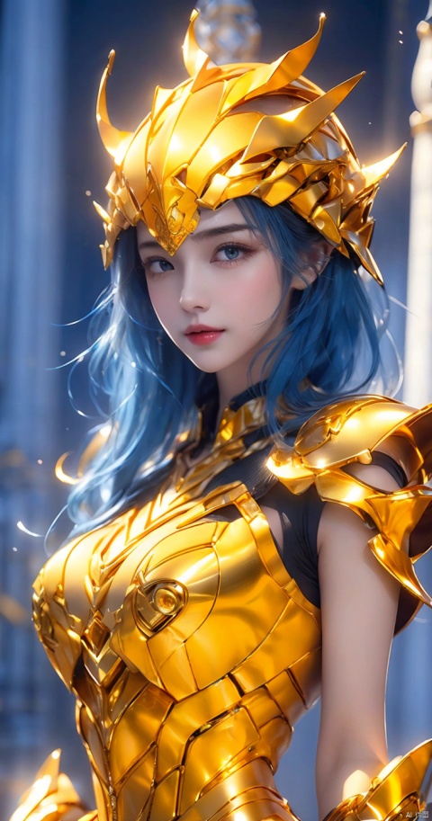 1girl, blue hair, gold armor