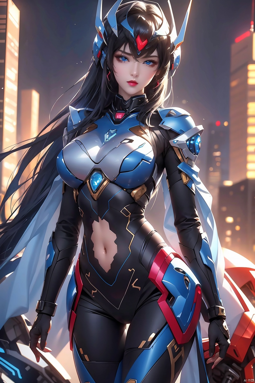  4k, office art, 1girl with colorful mecha and armor, Navel, decorated with complex patterns and exquisite lines, k-pop, blue eyes, dark red lips