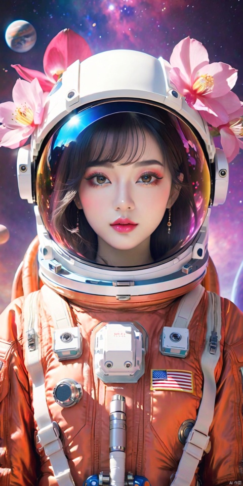  highres,absurdres,wallpaper,fair_skin,makeup,fundoshi,lipstick,red_lips_,pupils,bright_pupils,colorful, a asian woman wearing a space suit and a helmet with flowers around her head and a pink background with pink flowers,Chen Lu,space,a character portrait,space art, big eyes,thick eyebrows,long_eyelashes,mascara,big breasts,reality,face_focus
