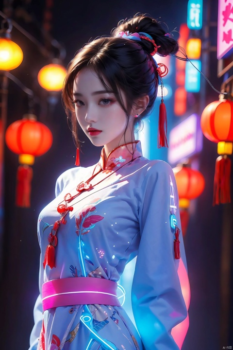  1girl,Chinese dress,glowing,lneon lamp,