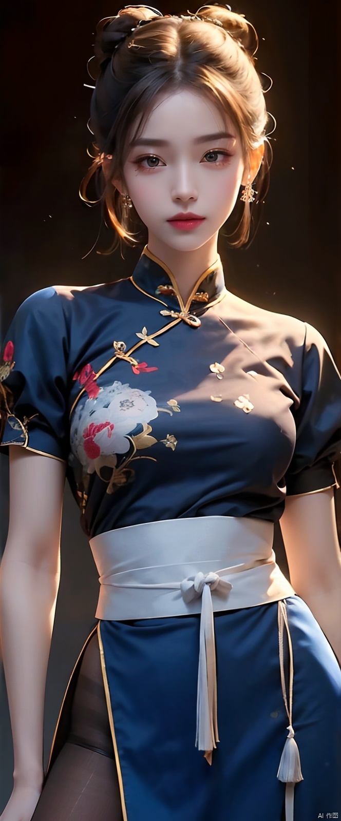 masterpiece, best quality, perfect face, perfect brown eyes with white sclera,  bad-hands-5, solo, 1girl, upper body, brown hair, sf2 chun, chinese clothing, wide hips, muscular female, blue clothes, pantyhose, pelvic curtain, puffy short sleeves, bun cover, sash, standing, rating:safe