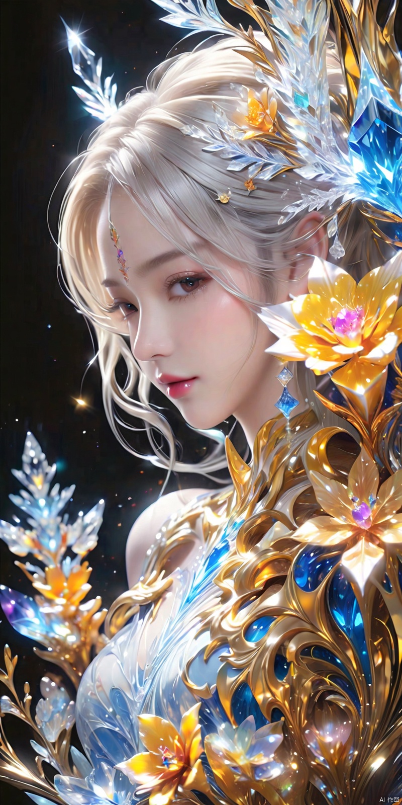 (masterpiece, top quality, best quality, official art, beautiful and aesthetic:1.2),(1girl),extreme detailed,(fractal art:1.3),colorful,highest detailed,(black background:1.4),(golden flower+ice_crystal),(ice crystal:1.6),