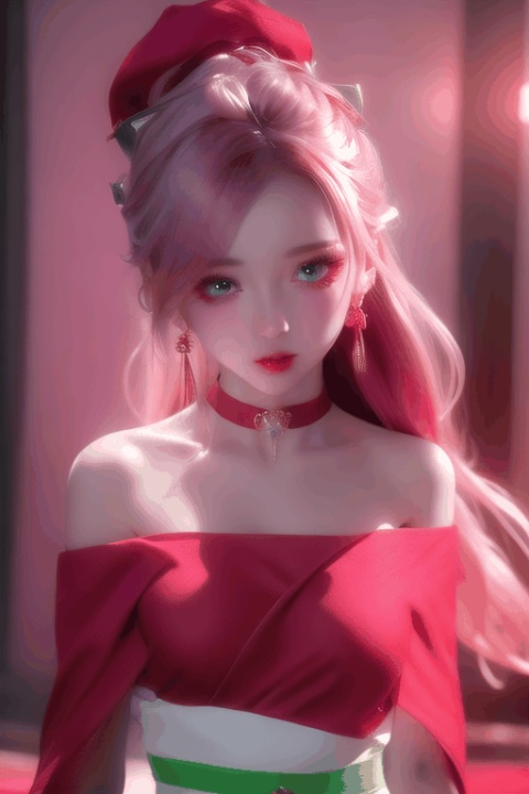 A girl was bound with red cloth, big breasts,silk, Moderate Breath, Off Shoulder,  Pink Long Hair, Red Headwear, Hair Above One Eye, Green Eyes, Earrings, Sharp Eyes, Perfect Fit, Choker, Dim Lights,transparent
