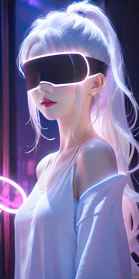 1girl,Long hair, glowing,ponytail, white hair,(blindfold:1.2),Off Shoulder,neon lamp