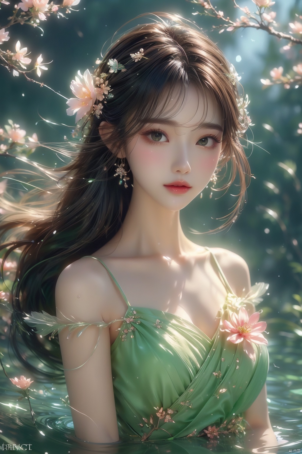  1 girl,(green light effect),hair ornament,jewelry,looking at viewer,flower,floating hair,water,underwater,air bubble,Flowers,petal,branch,submerged