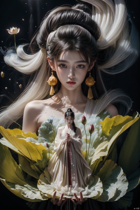  a woman with white hair holding a glowing ball in her hands, white haired deity, by Yang J, heise jinyao, inspired by Zhang Han, xianxia fantasy, flowing gold robes, inspired by Guan Daosheng, human and dragon fusion, cai xukun, inspired by Zhao Yuan, with long white hair, fantasy art style,,Ink scattering_Chinese style, smwuxia Chinese text blood weapon:sw, lotus leaf, (\shen ming shao nv\)