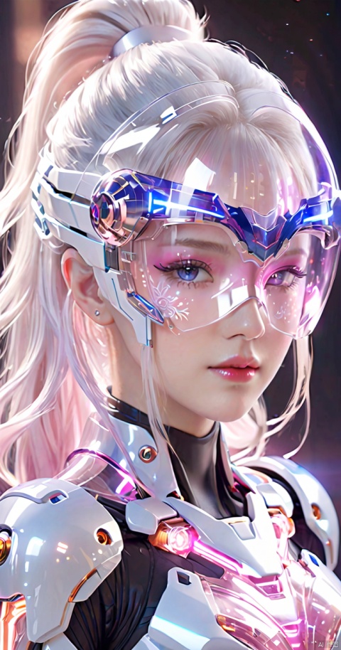  1 girl,Transparent sci-fi armor,white hair,Eye mask, pink gradient,High ponytail,glowing eyes,(transparent chest),