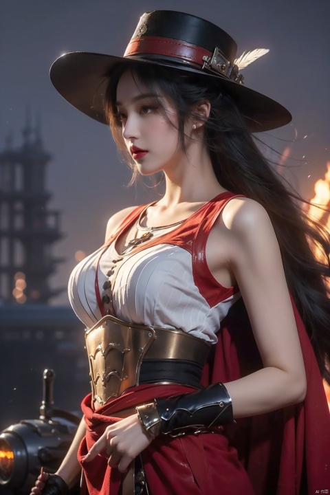  8K resolution, super resolution, sharp focus, grandeur, best quality, masterpiece, fantasy female gunfighter, delicate yet brave and fearless, wearing a deep red leather armor with silver edges, and a hat decorated with phoenix feathers. A wide-brimmed hat, eyes as fierce and firm as a burning furnace. He holds a steampunk-style precision repeating musket in his hand. The gun body is inlaid with gems and wrapped with complex mechanical pipes. A faint smoke is emitting from the muzzle. The background is The ruins of a futuristic steam city full of gears and iron frames, her resolute profile silhouette reflected in the moonlight. She stood on a pile of rubble, with an ammunition belt draped over her left shoulder and a sharp dagger hanging around her waist for close combat. arms., 1girl, xiaowu