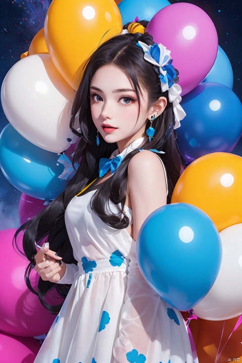  1girl, black long hair, bow tie, colorful dress, Colorful balloonsl, colorful balloons, starry sky, 1girl