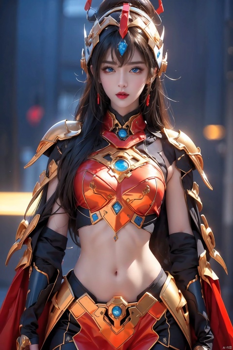  4k, office art, 1girl with colorful mecha and armor, Navel, decorated with complex patterns and exquisite lines, k-pop, blue eyes, dark red lips