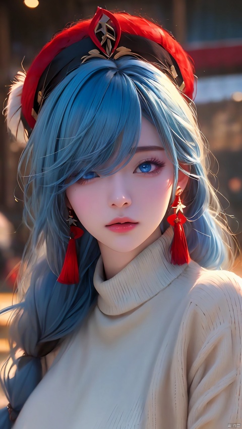  shenhe,genshin impact+ Detailed face +,1girl,solo,long hair,(headwear:1.3),blue eyes,looking at the audience,tassel earrings,hair covering one eye,bangs,virgin_killer_sweater+