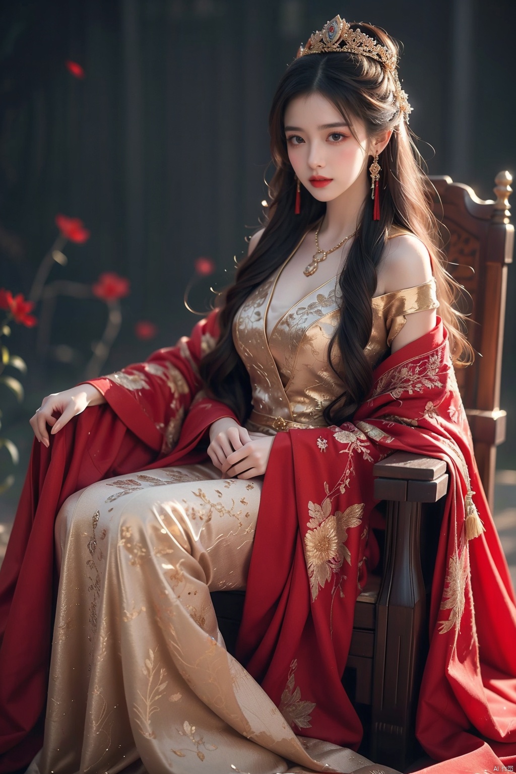  masterpiece, best quality, photorealistic, gem,gold, jewelry, magic circle, owl,tassel, throne,1girl,dress,Flowers, gardens, long hair blown by the wind, draped over shoulders