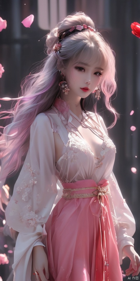  1girl,Han Chinese girls,white Hanfu,,full body,feathers,floating object,floating weapon,chinese clothes,large breasts,There are many scattered luminous petals,bubble,contour deepening,black rose,jewelry, earrings,lips, makeup, portrait, eyeshadow, realistic, nose,{{best quality}}, {{masterpiece}}, {{ultra-detailed}}, {illustration}, {detailed light}, {an extremely delicate and beautiful}, a girl, {beautiful detailed eyes}, stars in the eyes, messy floating hair, colored inner hair, Starry sky adorns hair, depth of field, large breasts,cleavage,blurry, no humans, traditional media, gem, crystal, still life, Dance,movements, All the Colours of the Rainbow,pink fantasy,Punk