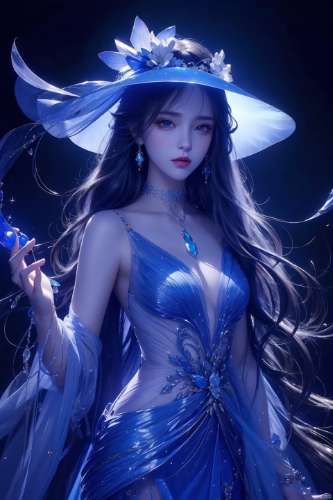  1girl,(Transparent dress),Half-body,Perfect body shape,artist name,gem,glowing,jewelry,long hair,looking at viewer,magic,hat,artist name,aurora,choker,constellation,embers,light particles, blue light effect