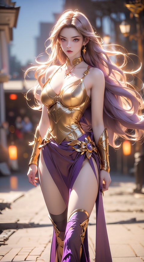  1girl,((f long hair blown by the wind: 1.5), earrings, wind blown, cleavage, The distant lantern,(purple armor), purple tone, cinematic,Walking, blurry background,(z (half body), looking at viewer, gold armor, 21yo girl, mds-hd