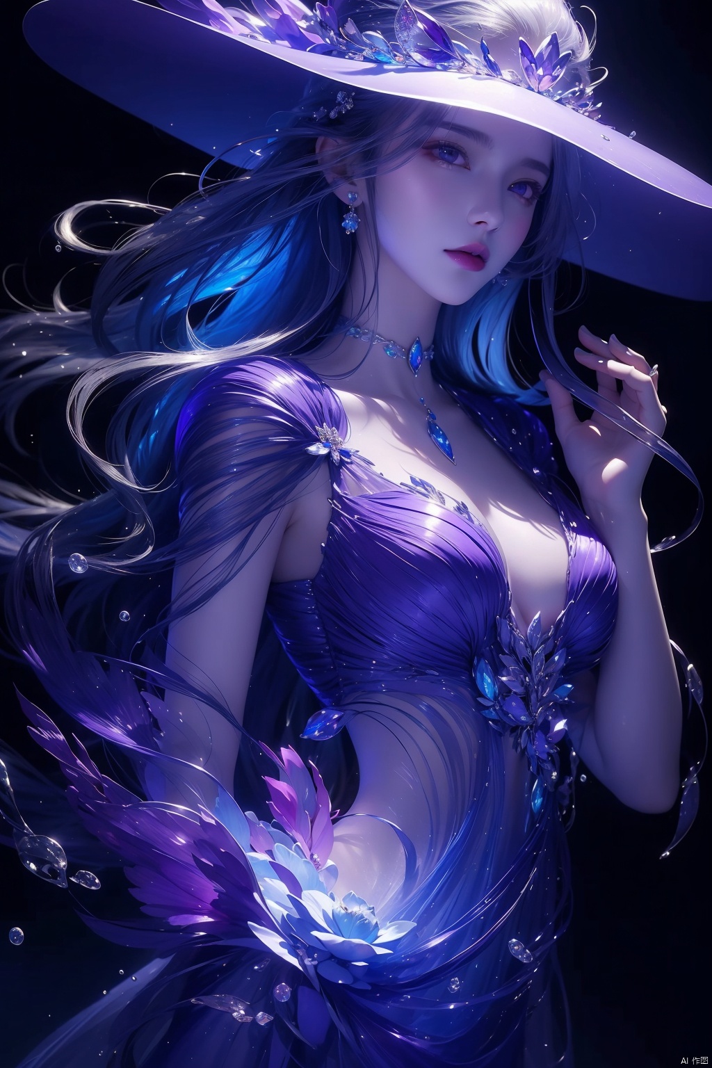  1girl,(Transparent dress),hair ornament,floating hair,water,underwater,air bubble,Half-body,Perfect body shape,artist name,gem,glowing,jewelry,long hair,looking at viewer,magic,hat,artist name,aurora,choker,light particles, ((purple light effect))