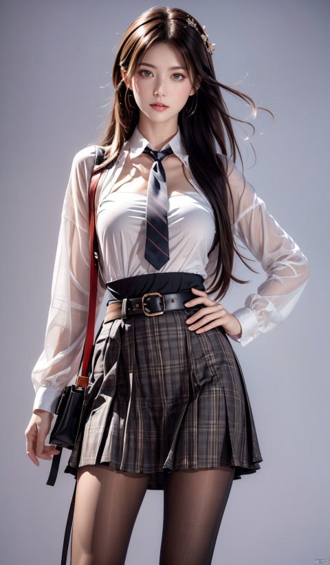 masterpiece,best quality,official art,extremely detailed CG unity 8k wallpaper,realistic,light rays,light particles,
1girl,solo,skirt,pantyhose,plaid skirt,black hair,long hair,pantyhose,standing,day,(simple background:1.2),necktie,
dynamic pose,looking at viewer,cowboy shot,breasts,hand on hip,belt,lips,
